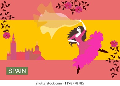 
Beautiful Spanish girl dressed in long pink dress and with flowing shawl, dancing flamenco in the streets of the city. Stylized image of the Spanish flag. Flowering branches of trees. Collection.
