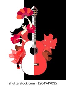 Beautiful Spanish girl dressed in long red dress with ruffles in form of roses and with fan in her hands dancing flamenco next to large stylized guitar on black and white background in vector.