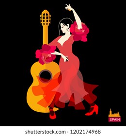

Beautiful Spanish girl, dressed in red dress with flounces in the form of roses, and with castanets in her hands, is dancing flamenco next to silhouette of the guitar on  black background in vector.