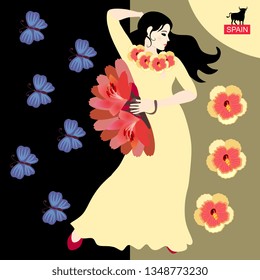 Beautiful spanish girl - flamenco dancer in yellow dress, decorated hibiscus flowers, with fan in her hand and blue butterflies on black background. Spain symbols.