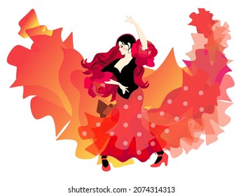 A Beautiful Spanish Girl With Fluttering Hair In A Traditional Costume With Lush Flounces On The Sleeves In The Form Of A Rose Flower Is Dancing Flamenco Isolated On A White Background.