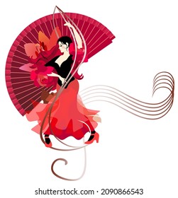 A beautiful Spanish girl in a long dress is dancing flamenco against the backdrop of a large fan. The treble clef and stave decorate the picture.