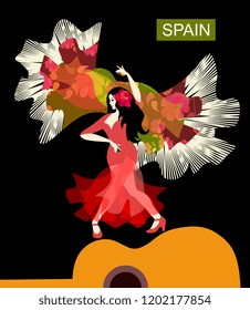 
Beautiful Spanish girl, wearing red dress, and with rose in her hair, is dancing flamenco on the silhouette of guitar. Colorful shawl with tassels in the shape of flying bird on black background. 