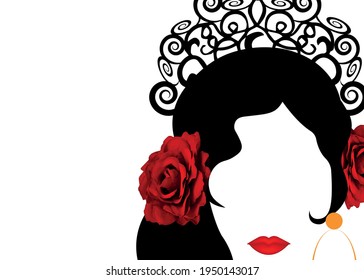 Beautiful Spanish Or Latin Woman Silhouette Whit Red Rose Flowers And Ethnic Hair Comb. Beauty Logo Template. Flamenco Dancer Girl Portrait. Vector Company Name, Isolated On White Background