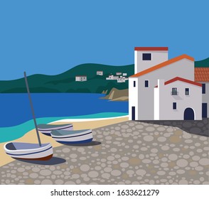 beautiful spanish town on the coast with fishing boats