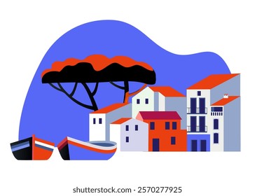beautiful spanish town on the coast with fishing boats