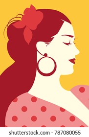 Beautiful spanish woman with flower in her hair and polka dot dress wearing big circular earrings