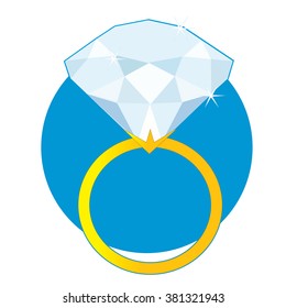 A beautiful sparkling solitaire diamond ring on a golden band on a blue circle background