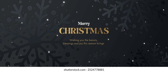 Beautiful sparkling Xmas background in night black color with snowflakes and shining falling snow. Luxury design template for Christmas card, poster, holiday cover, web banner, ads