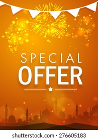 Beautiful special offer sale poster, banner or flyer decorated with shiny fireworks and mosque silhouette for Muslim community festival, Eid celebration.