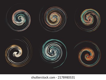 Schöne Spiralelemente auf schwarzem Hintergrund für Ihre Designs. Kreative Wirbelformen für Drucke, Gewebe, Textilien, Modetrends, Embleme, Cover, Web-Icons, Logos, Innenausstattung, etc. 