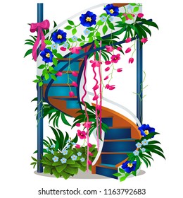 A beautiful spiral staircase with flowers isolated on white background. Vector cartoon close-up illustration.