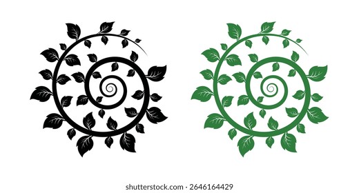 Uma bela videira em espiral adornada com folhas abundantes, disponível em preto e verde. Perfeito para projetos naturais, orgânicos e decorativos.