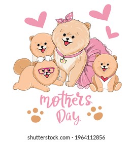 Beautiful spitz family mom and children and lettering mothers day. Vector illustration cartoon animals postcard