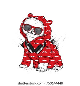Beautiful spitz with headphones and glasses. Vector illustration. Stylish thoroughbred puppy. A dog in clothes and accessories.
