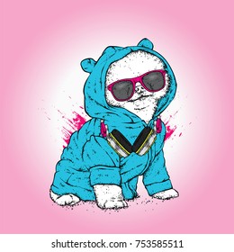 Beautiful spitz with headphones and glasses. Vector illustration. Stylish thoroughbred puppy. A dog in clothes and accessories.