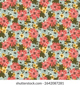 Beautiful splash of spring flowers and leaves forming a maximalist botanical pattern in vibrant colors of pink, blue, yellow and green on white background. Floral seamless vector pattern. Home decor.