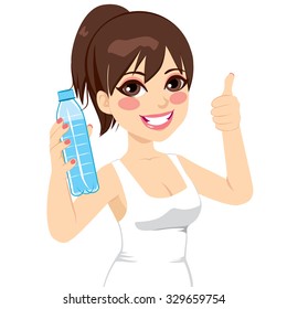 Beautiful sport brunette woman happy smiling showing water bottle and making thumb up sign