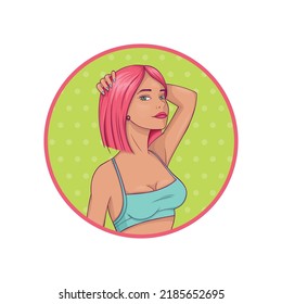 Beautiful sport woman portrait in blue bra with red hairs. isolated vector illustration