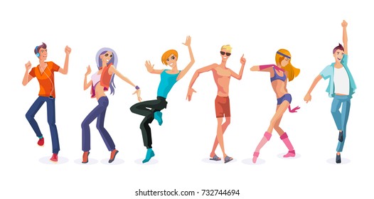 Beautiful, sporting dancing people in style clothes dancing pop, in modern dance styles with different movements. Men and women dancing at modern pop party. Illustration in cartoon style.