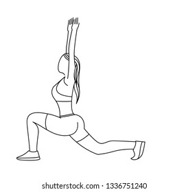 Beautiful sports girl doing exercises line art drawing, Vector Illustration.