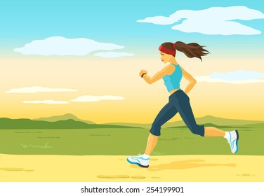 Beautiful sports girl runs on a cross-country terrain. Morning jogging. Nature is represented on a background. Crop image how you want. Vector color image.