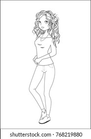 the beautiful sports girl, with a voluminous hair in sneakers and the fitting jeans, colouring 