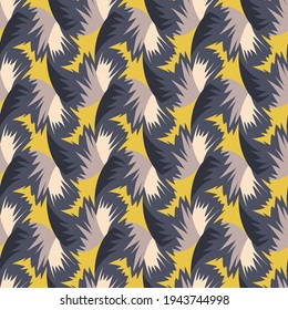 beautiful spotted seamless pattern. yellow, beige, black abstract shapes stylized as brush strokes lined up in rows on a gray background. vector 