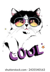 Beautiful spotty cat in sunglasses. Illustration with a  cat and stars. Cool illustration. Stylish image for printing on any surface