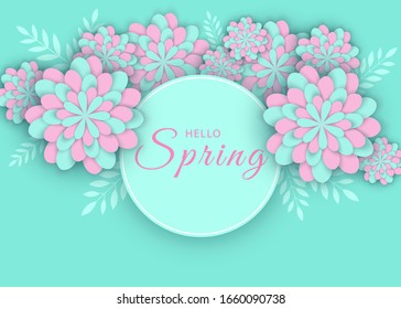 Beautiful spring 3D background. Gerbera paper floral background. Spring floral banner with paper cut blooming pink flowers on a blue background for the seasonal design of the banner, flyer, poster, we