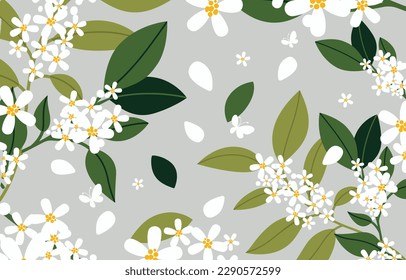 Beautiful spring background, bird cherry branches in vector.