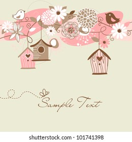 Beautiful Spring background with bird houses, birds and flowers