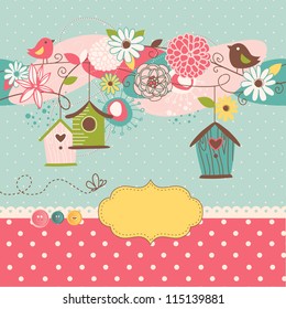 Beautiful Spring background with bird houses, birds and flowers