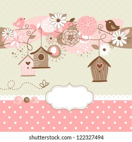 Beautiful Spring background with bird houses, birds and flowers