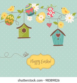 Beautiful Spring background with bird houses, birds, eggs and flowers