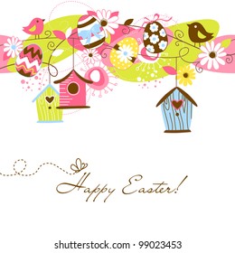 Beautiful Spring background with bird houses, birds, eggs and flowers