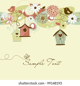 Beautiful Spring background with bird houses, birds and flowers
