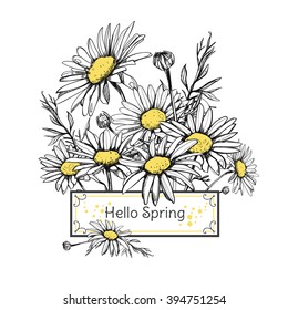 Beautiful spring background with chamomiles. Festive invitation. Hello Spring .