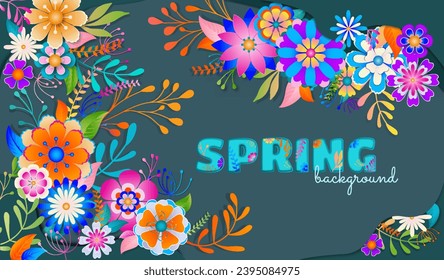 Beautiful spring background. Colorful banner with blooming flowers, green plant leaves, branches and inscription. Design element for flyer, brochure or invitation. Cartoon flat vector illustration