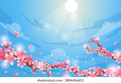 Beautiful spring background featuring blooming pink cherry blossom (sakura) branches stretching across the foreground. Set against a bright blue sky with soft clouds, a shining white sun with light rays, and falling petals. Includes bokeh effects for a dreamy