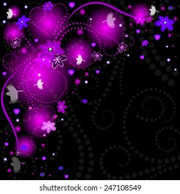 Beautiful spring background with flowers, birds and glowing elements and patterns.