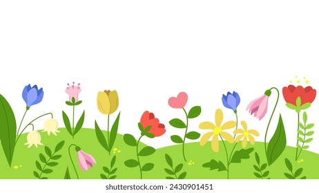 Beautiful spring background with flowers blooming. Garden on the field. Template with copy space. Vector illustration isolated.