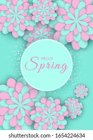 Beautiful Spring Background. Gerbera Flower Background and Spring is coming Lettering. Spring floral banner with paper cut blooming pink cherry flowers on blue background for seasonal design of banner