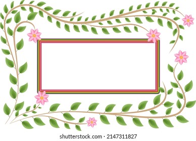 beautiful spring background with green leaves and red flowers on a white background
