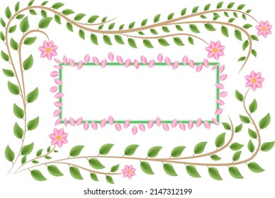 beautiful spring background with green leaves and red flowers on a white background