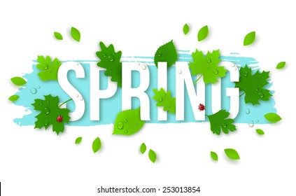Beautiful Spring Background with Leaves, Lady Bugs and Drops. Vector illustration. 3D effect foliage. 