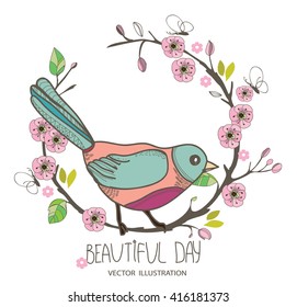 beautiful spring background with pattern birds on a branch with pink blossoms