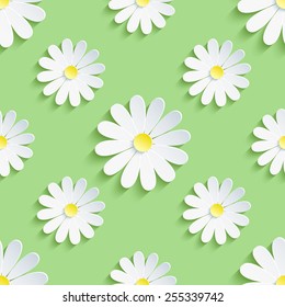 Beautiful spring background seamless pattern green with white 3d flower chamomile. Floral trendy creative wallpaper. Vector illustration