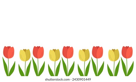 Beautiful spring background with tulips blooming. Template with copy space. Vector illustration isolated.