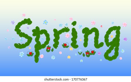 Beautiful spring background with the word "Spring" typed with letters made from green leaves. Vector